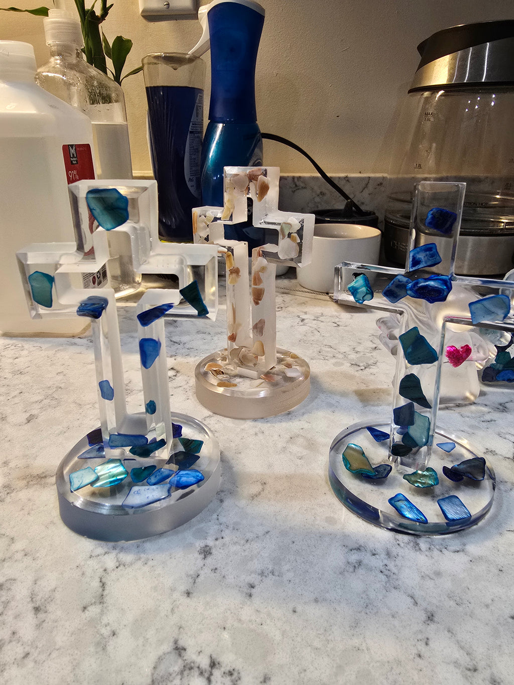 Resin Cross with Stand with Blue Shells