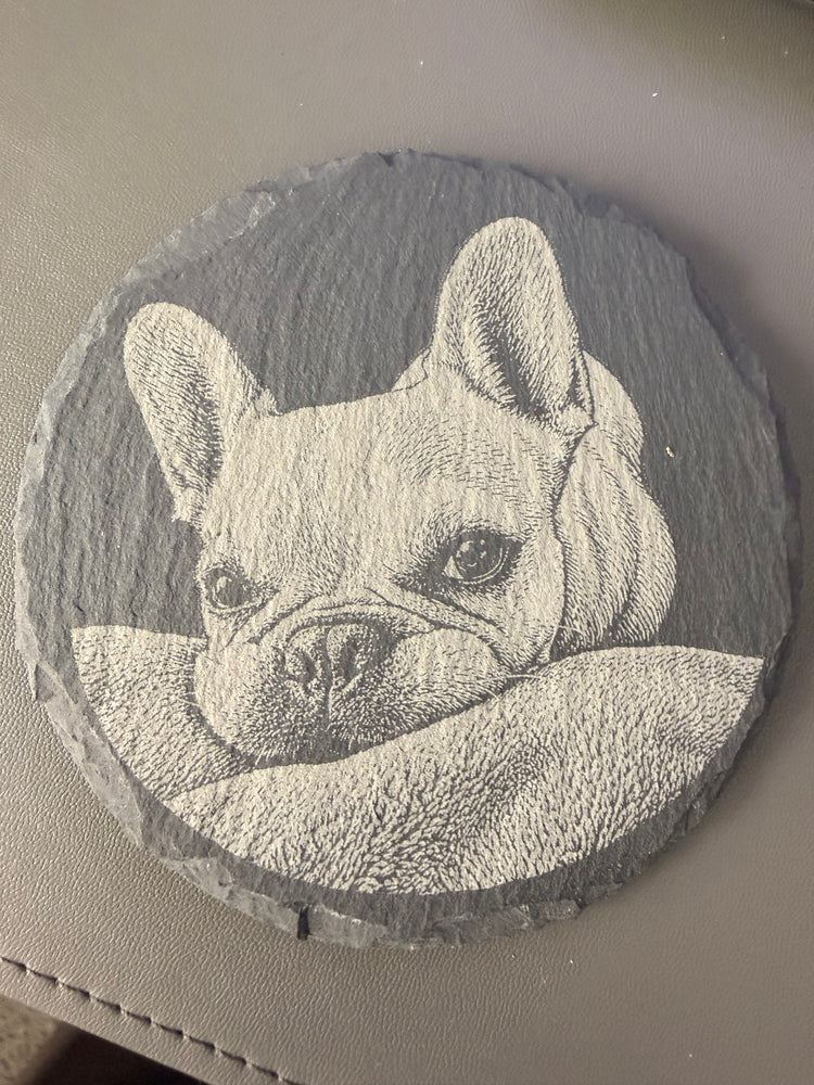 Slate coaster engraved with a beloved Frenchie