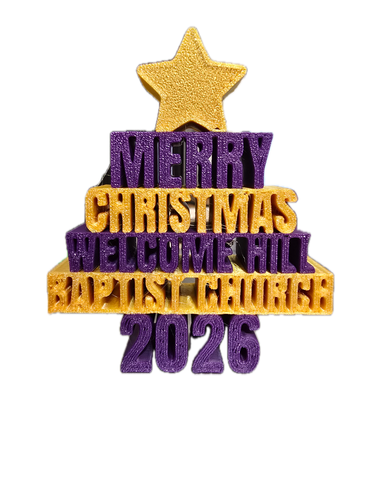 Tree-shaped Welcome Hill Baptist Church 2026 Christmas ornament with purple and yellow lettering and a yellow star.